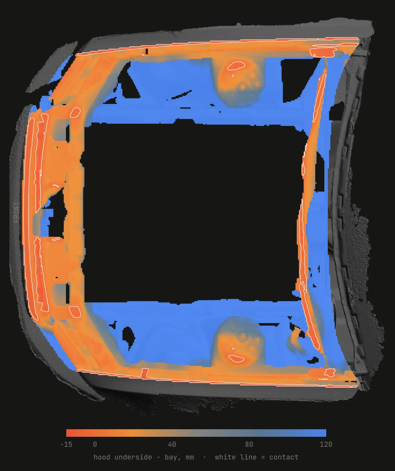Plan view of the vertical clearance between the hood underside and the bay