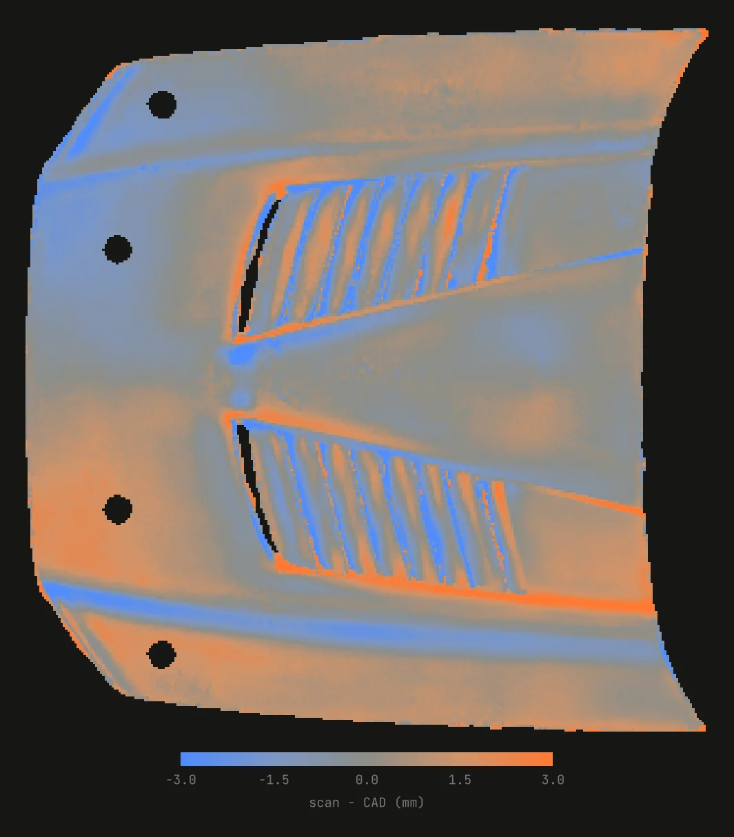 Plan-view deviation map of hood A, scan versus CAD